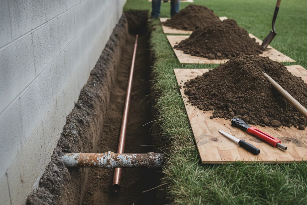 Excavated water line trench during Sewer Line Repair in Haslet